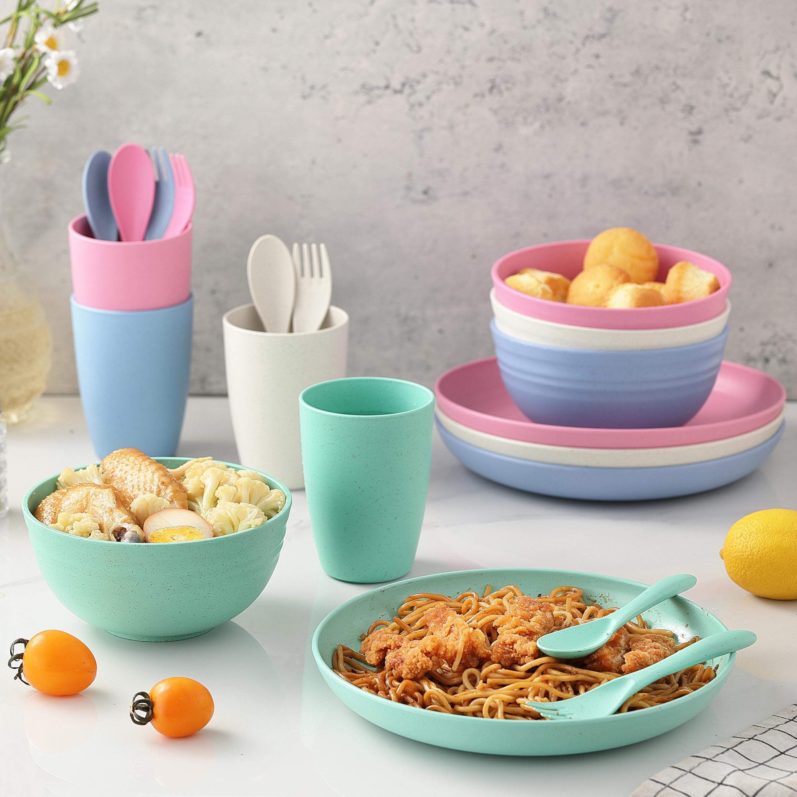 Kaloo wheat straw dishes color variants, beige pink green blue options.