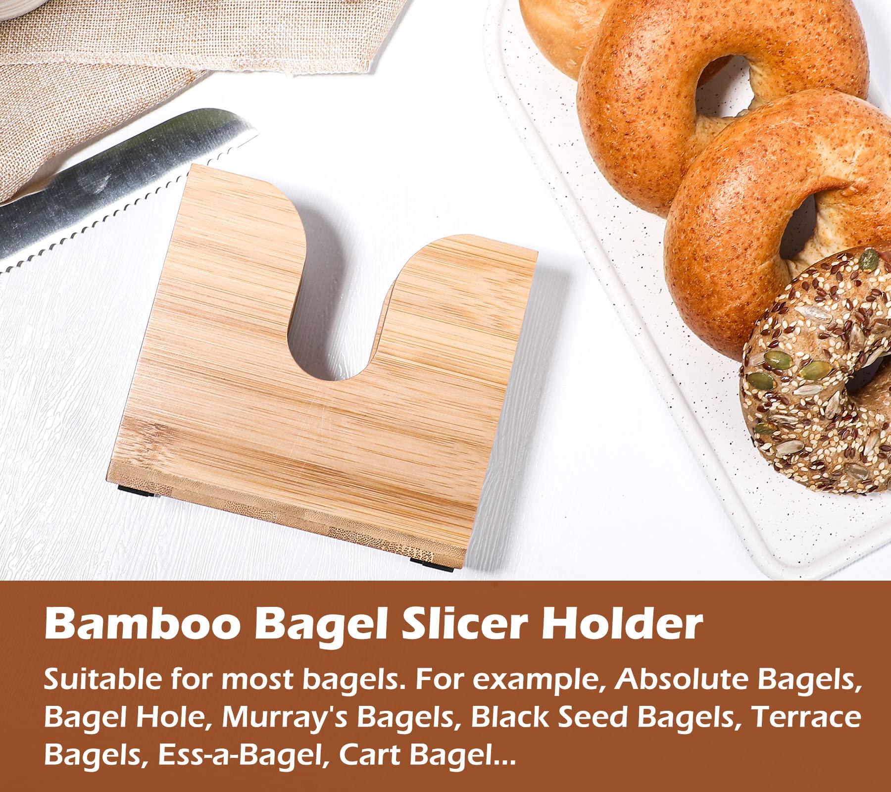 Kamehame Bagel Slicer Holder in-use demonstrates non-slip feet stabilizing the base.