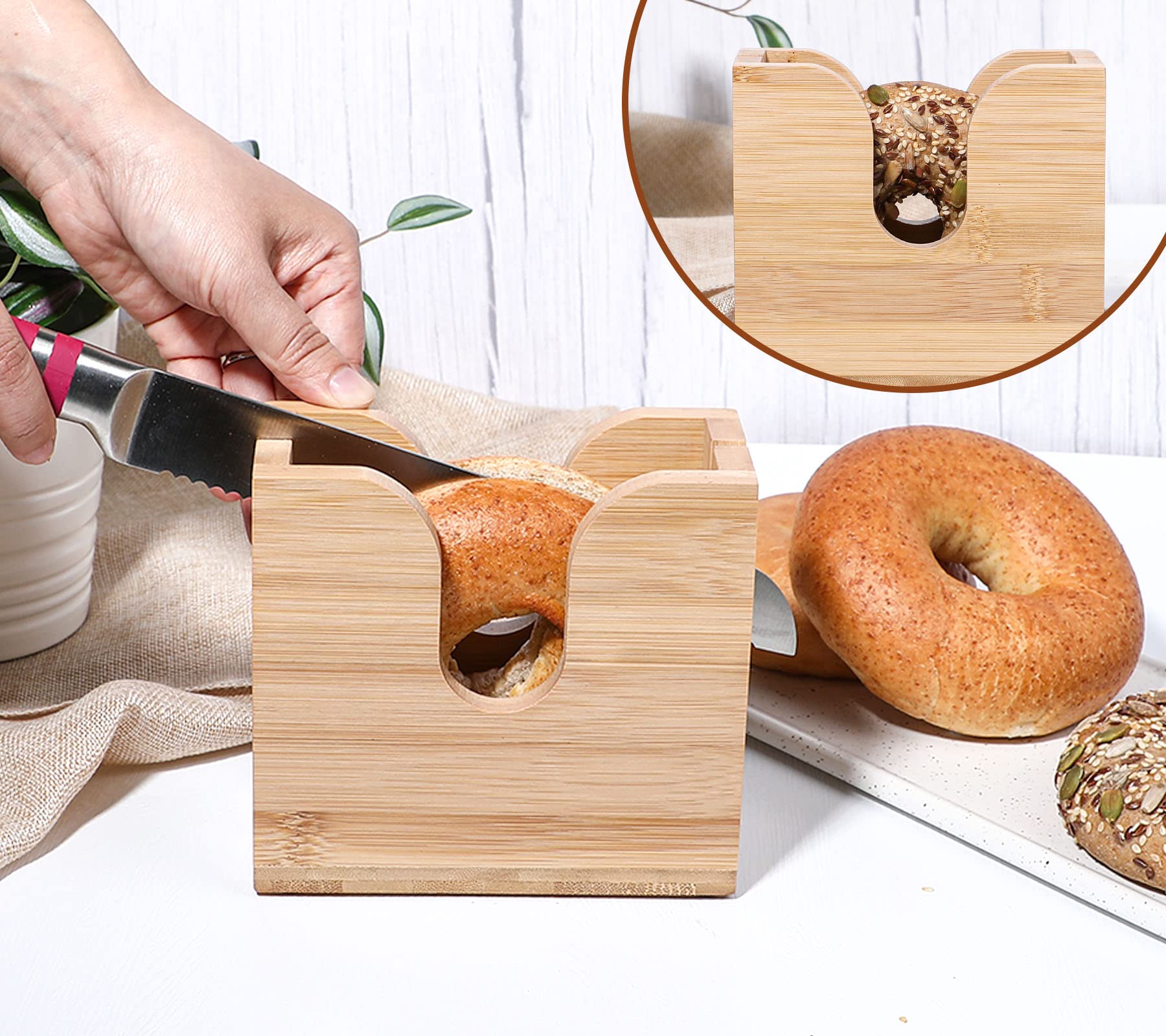 Kamehame Bagel Slicer Holder side view highlights compact footprint for tight kitchens.