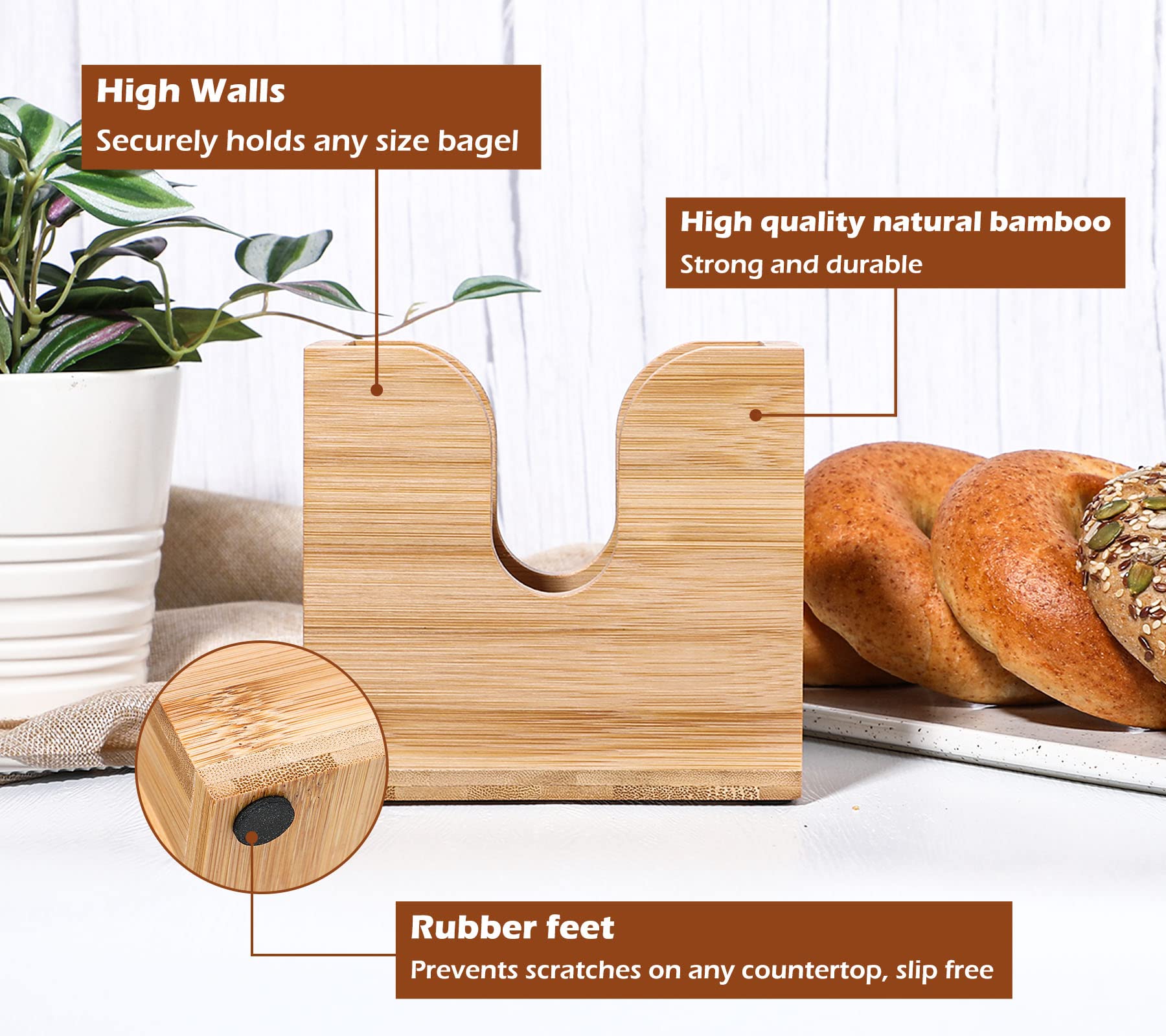 Kamehame Bamboo Bagel Holder with knife-guide grooves enables safer, more even cuts.