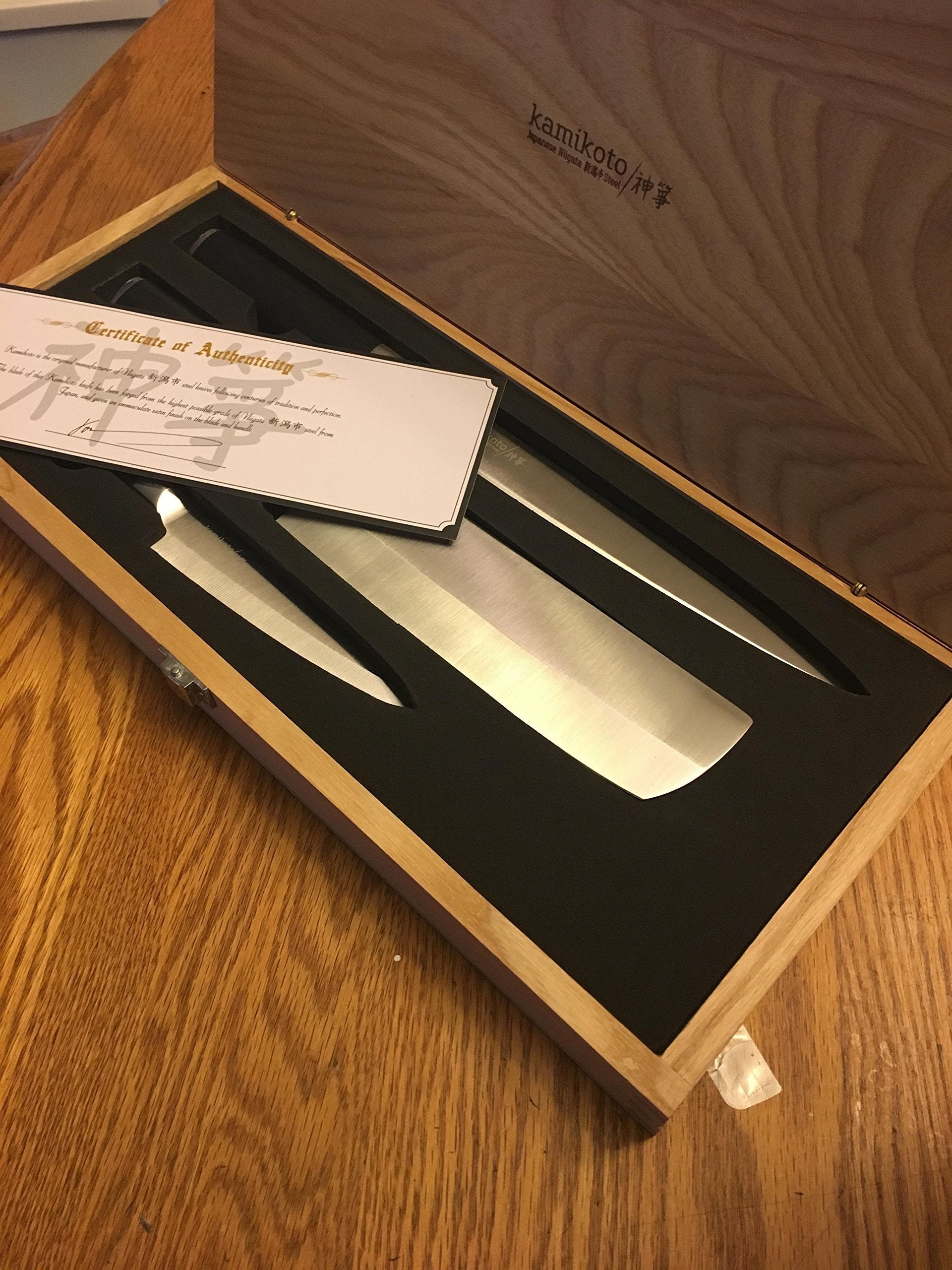 Kamikoto Kanpeki knife set in a wood display box, ready for display and use