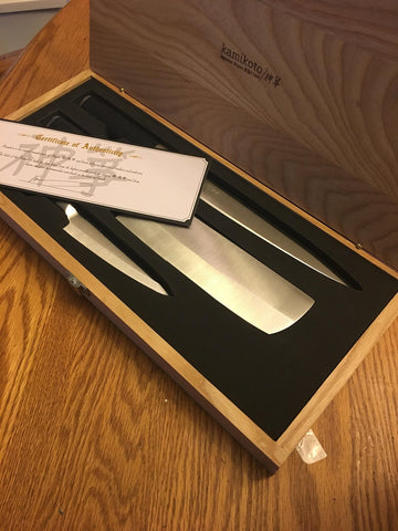 Kamikoto Kanpeki knife set in a wood display box, ready for display and use