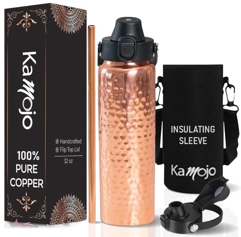 Kamojo copper water bottle front view with hammered finish for premium hydration.