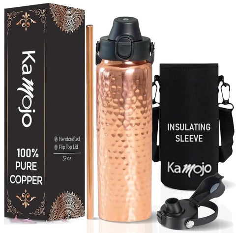 Kamojo copper water bottle front view with hammered finish for premium hydration.