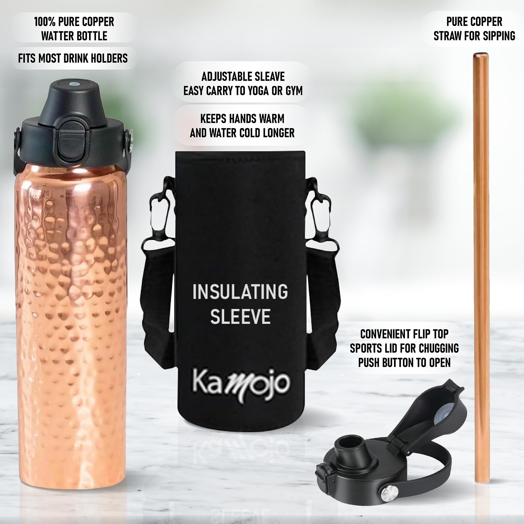 Push-button lid on Kamojo bottle enables quick, one-handed sipping.