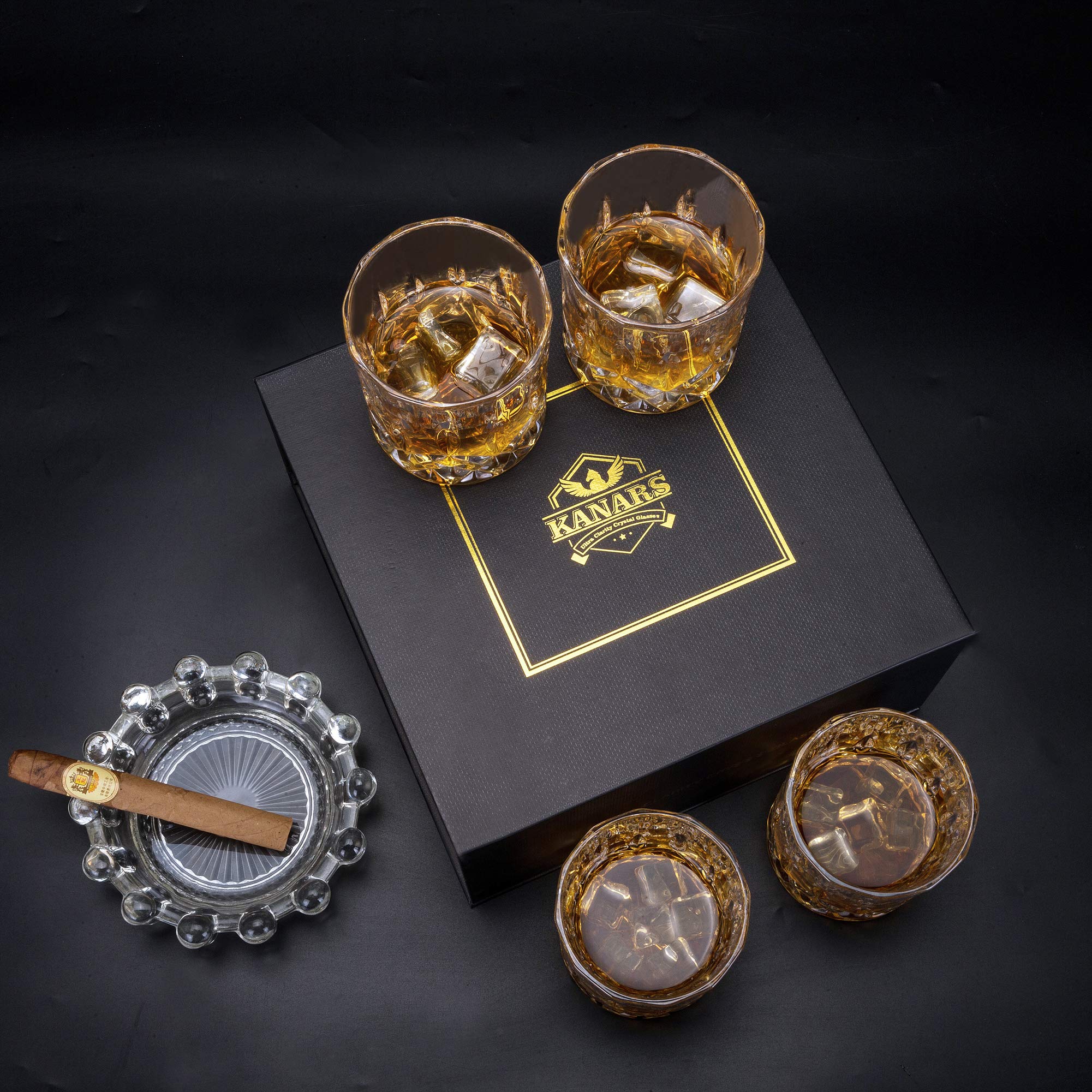 KANARS bourbon or scotch on the rocks setup in a stylish glass