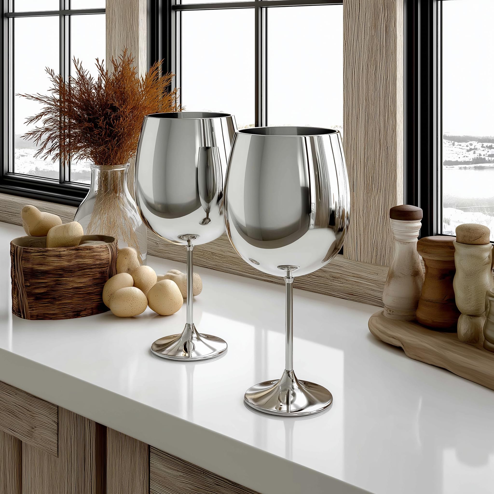 K&K Home stemmed metal wine glasses suited for weddings and celebrations.