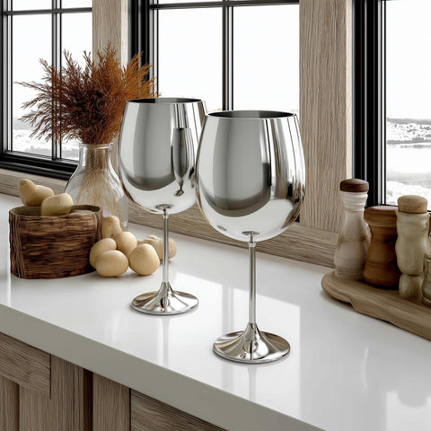 K&K Home stemmed metal wine glasses suited for weddings and celebrations.
