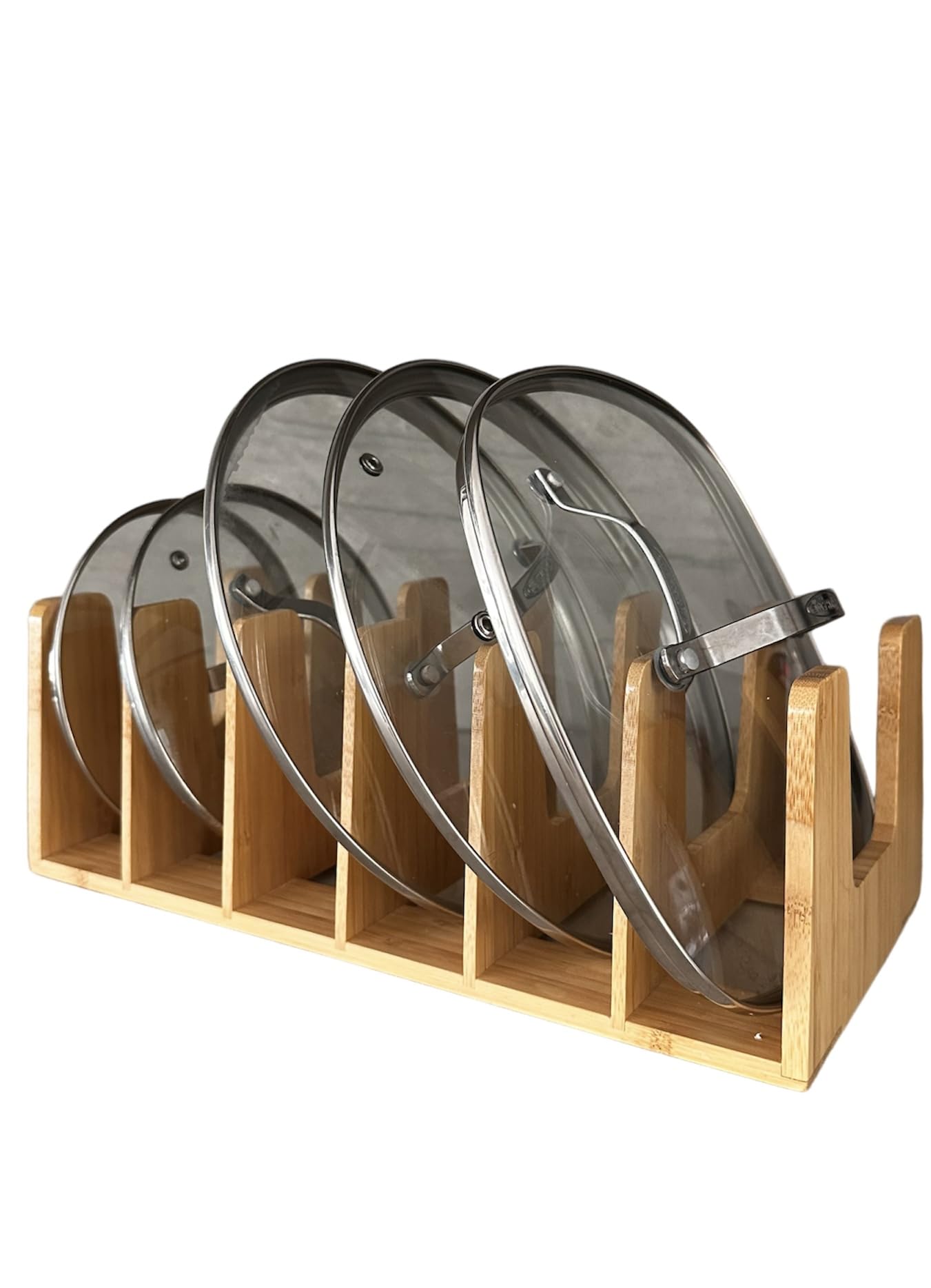 Kandohaus bamboo lid organizer neatly stores up to six lids in a sturdy rack.