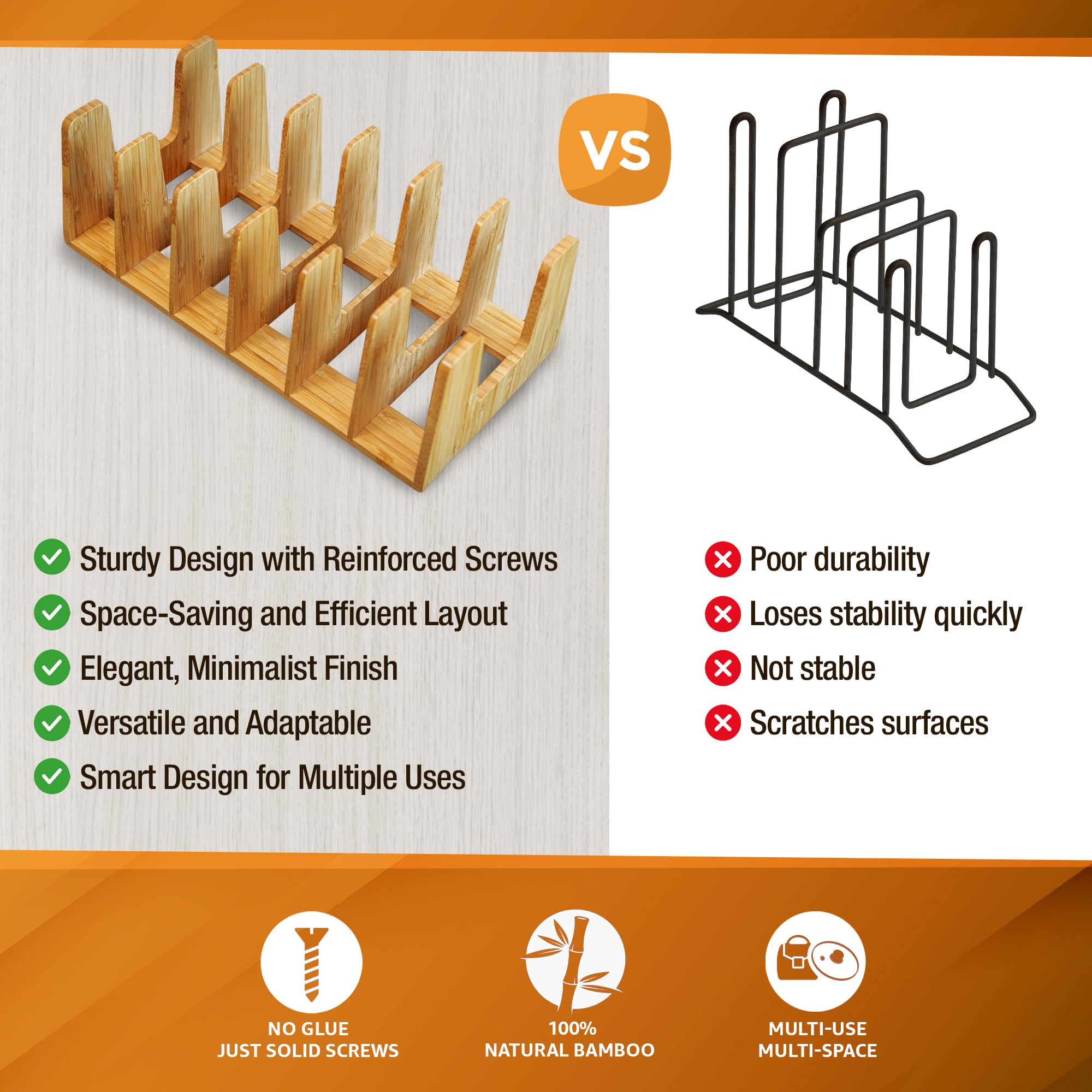 Kandohaus slim, easy-assembly bamboo rack provides stable, screw-backed storage.