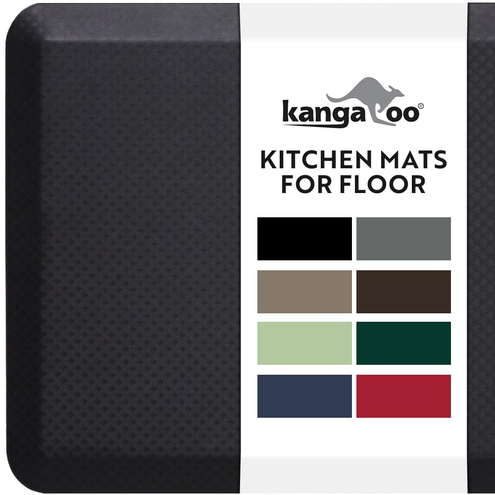 KANGAROO thick ergonomic anti-fatigue mat on kitchen floor provides cushioned standing comfort