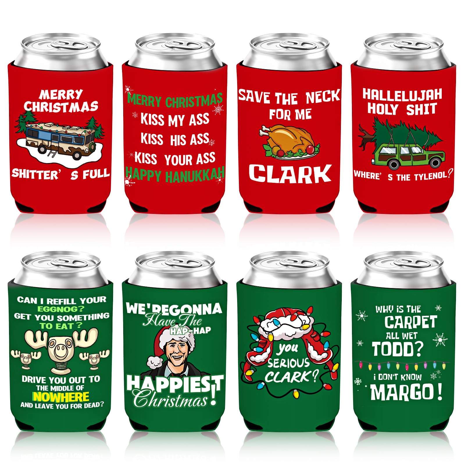 Kanmeii Christmas Vacation 8-pack can cooler sleeves keep drinks cold during holiday gatherings.