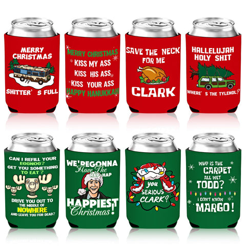 Kanmeii Christmas Vacation 8-pack can cooler sleeves keep drinks cold during holiday gatherings.