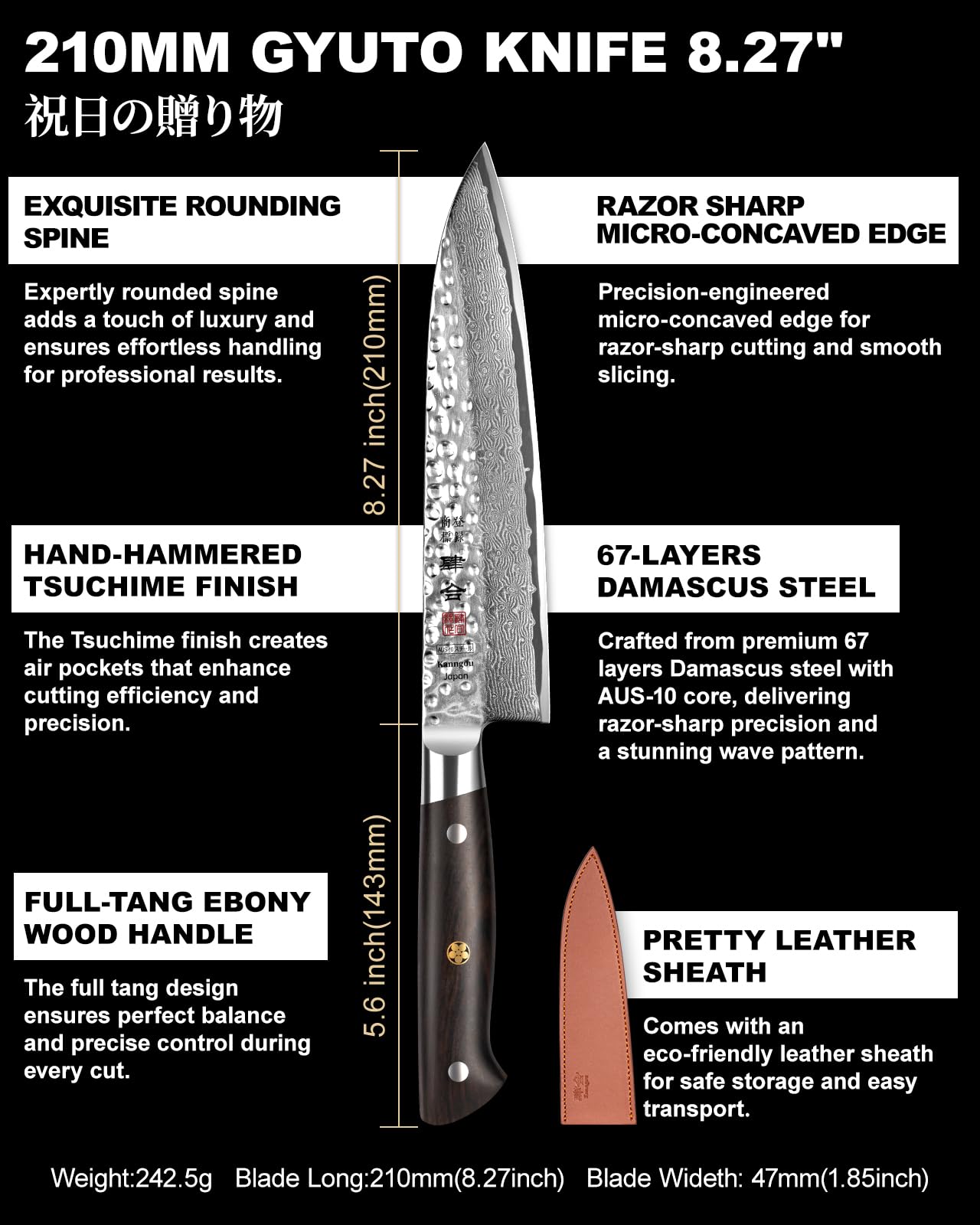 kanngou gyuto knife full-tang shot highlights ergonomic balance for comfortable control