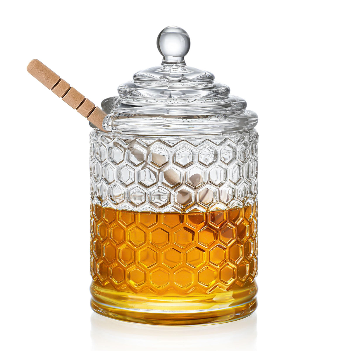kanpura Clear Crystal Honey Pot with Dipper demonstrating precise honey dispensing