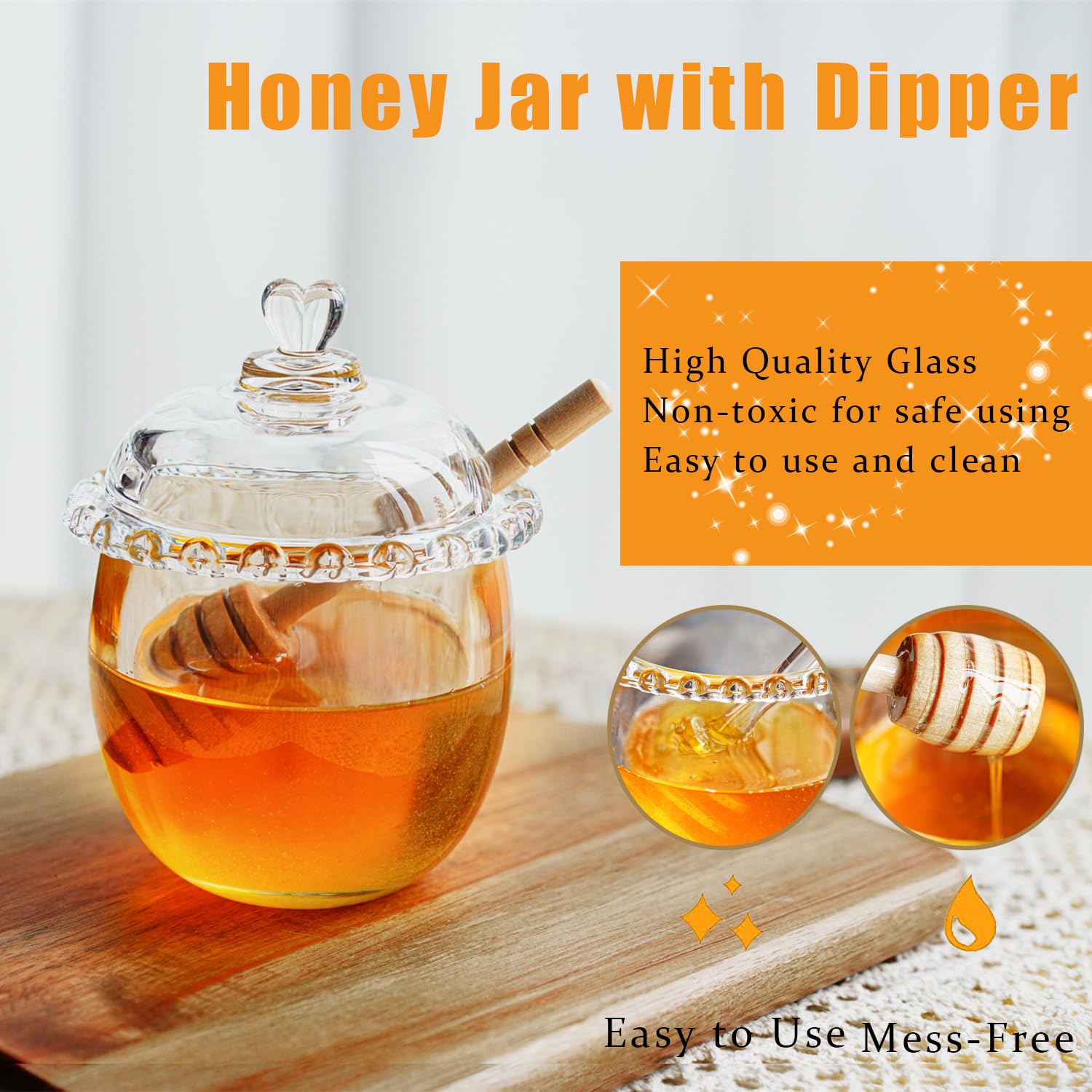 Kanpura glass honey jar with wide mouth for easy scooping