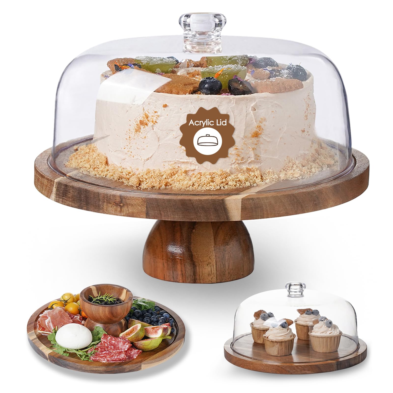 Kanwone acacia wood cake stand with 12in dome lid displaying desserts elegantly