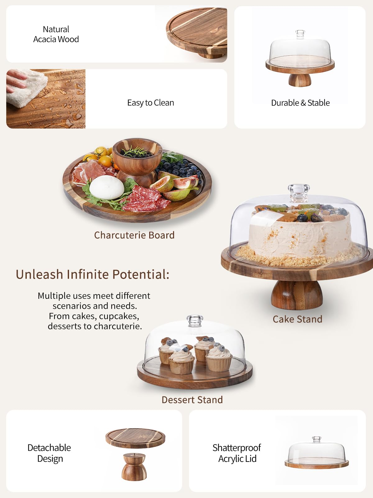 Kanwone acacia wood cake stand with acrylic lid keeps pastries fresh