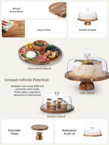 Kanwone acacia wood cake stand with acrylic lid keeps pastries fresh
