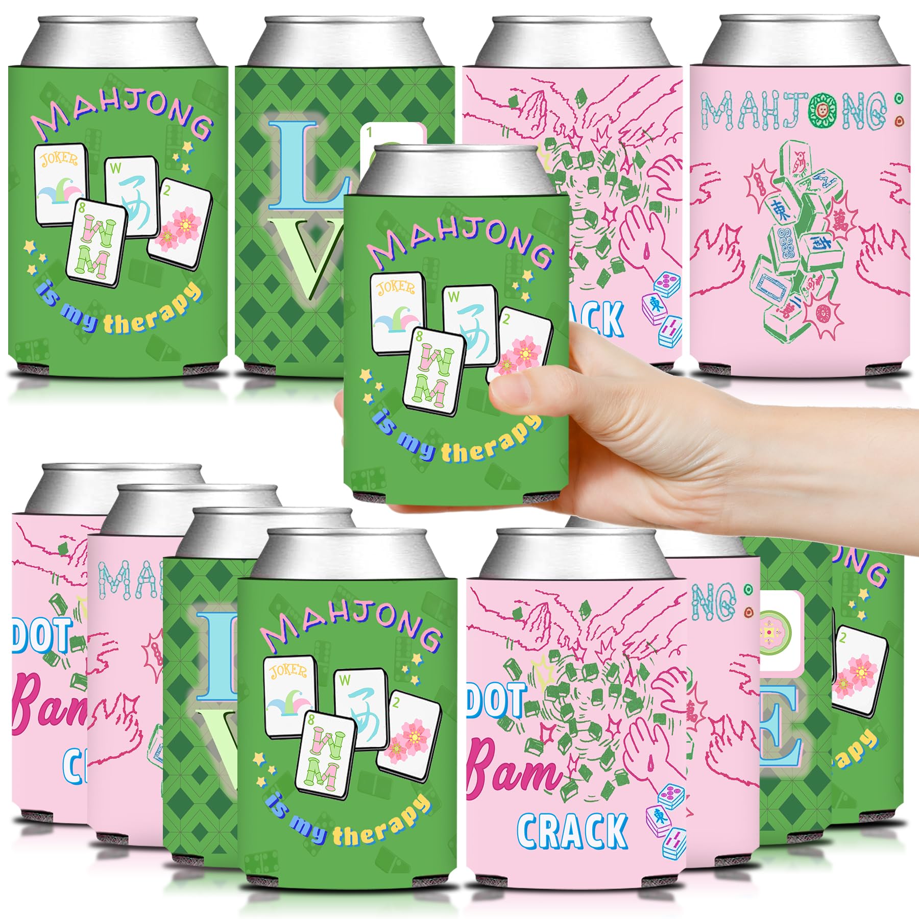 KARAQY mahjong party can coolers in pink and green designs for stylish drinks