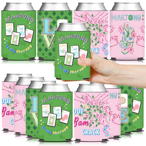 KARAQY mahjong party can coolers in pink and green designs for stylish drinks