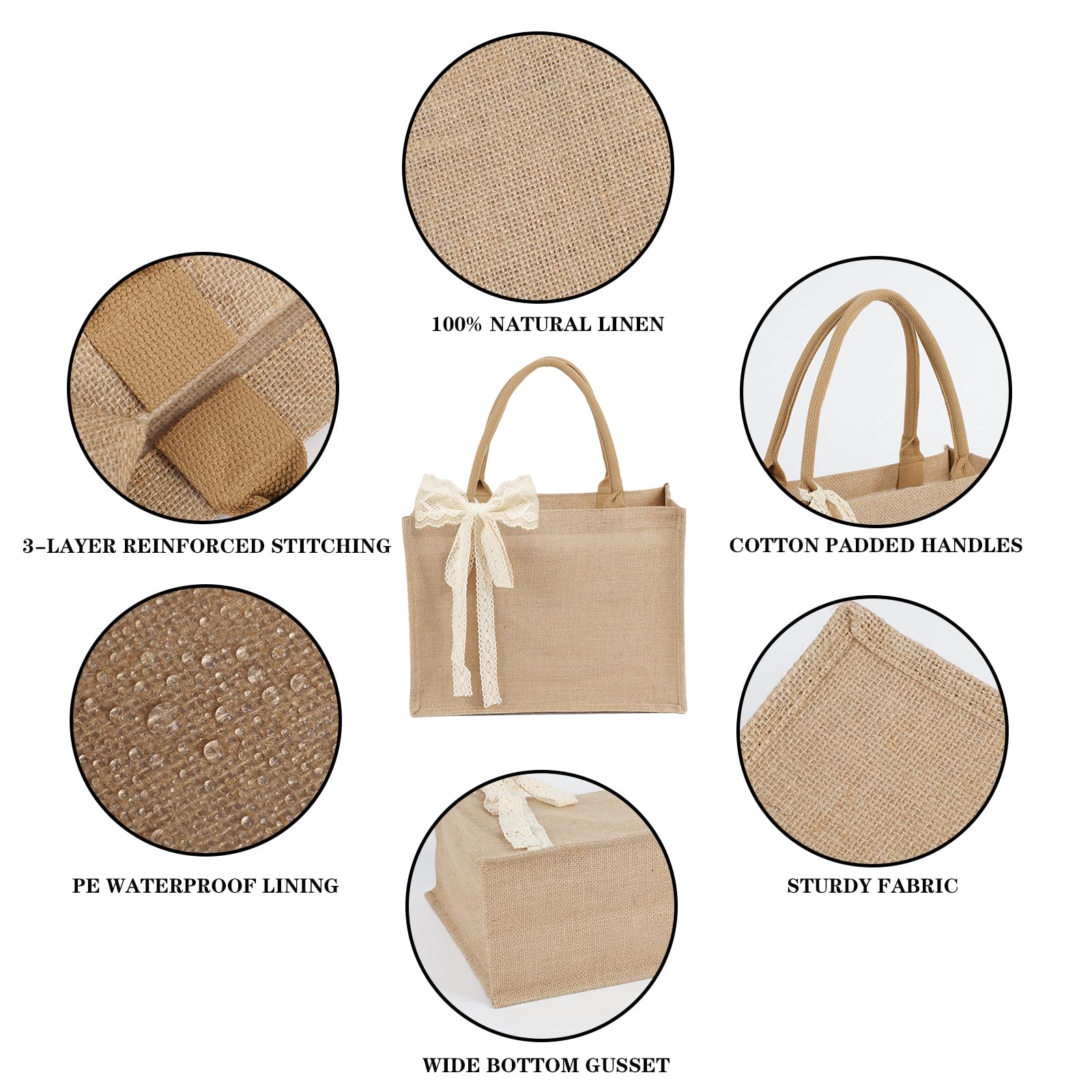 Karinoos Burlap Tote waterproof coating demonstrates water resistance for beach or travel.