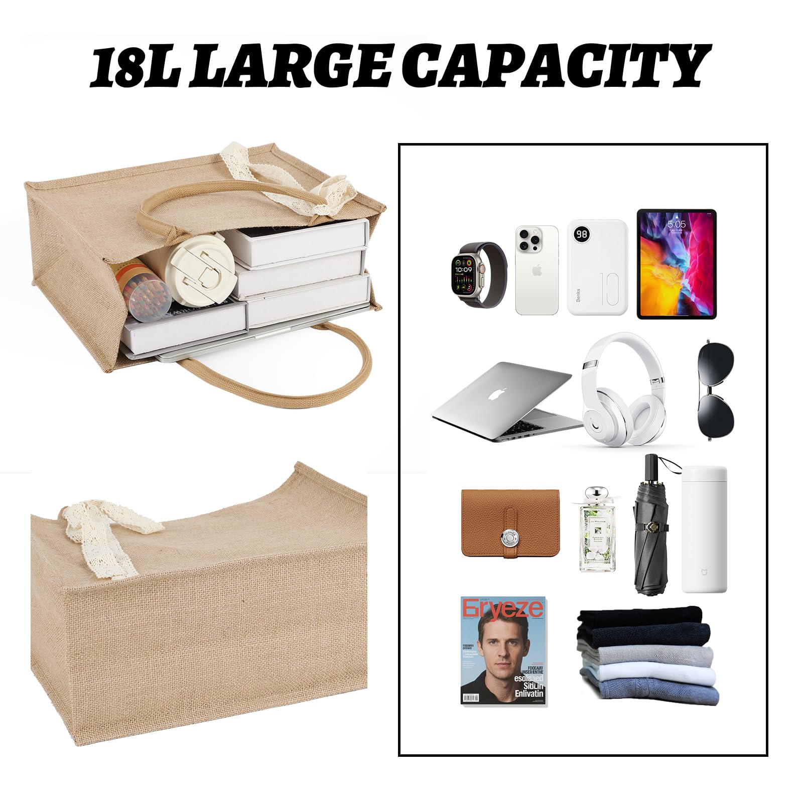 Karinoos waterproof burlap tote with large capacity for clothes, towels, and groceries.