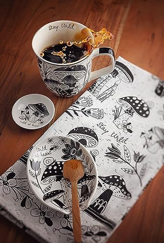 One-of-a-kind illustrations blend with Boho mugs for cohesive decor