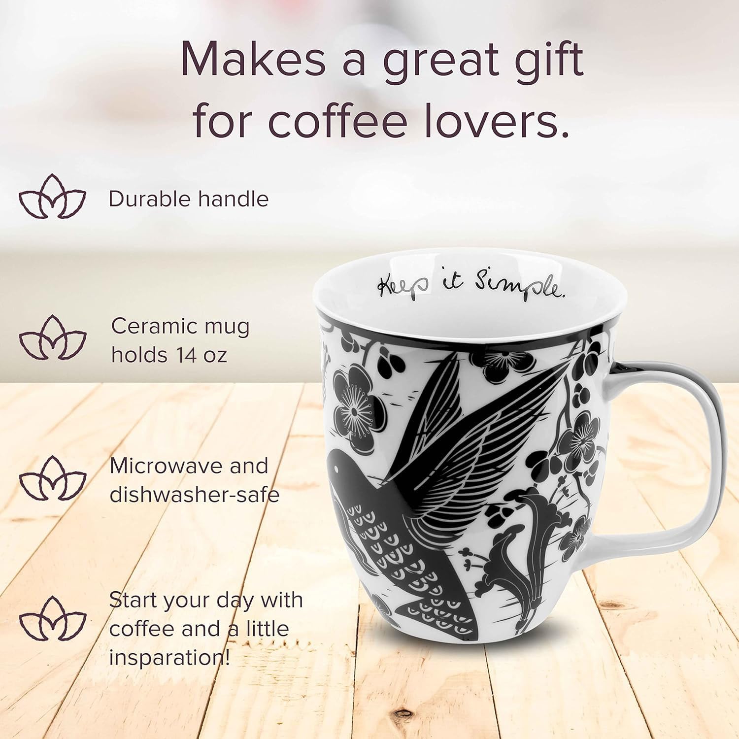 Karma Gifts black and white boho mug close-up showcasing hummingbird illustration.