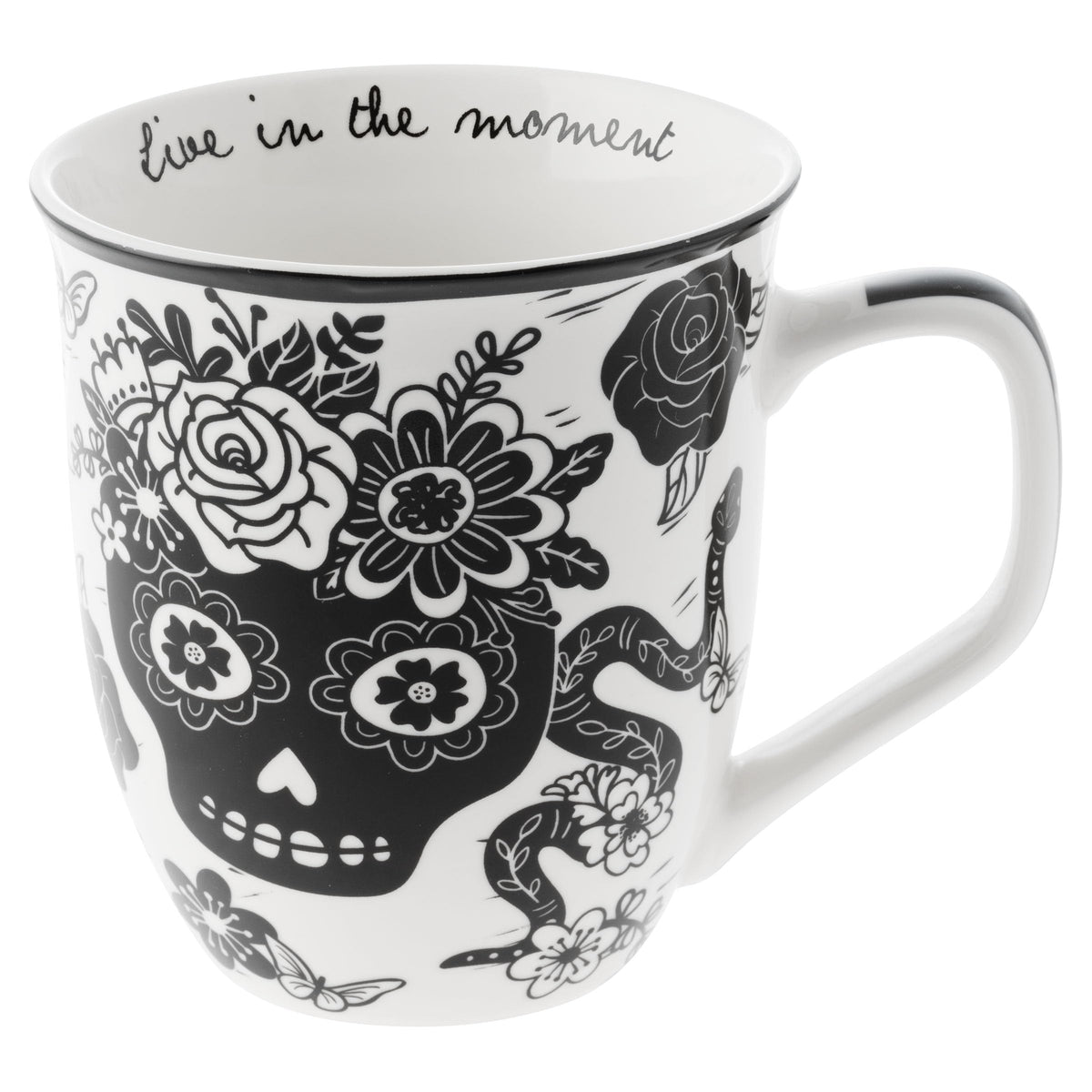 Karma Gifts sugar skull mug in black and white boho style for daily coffee