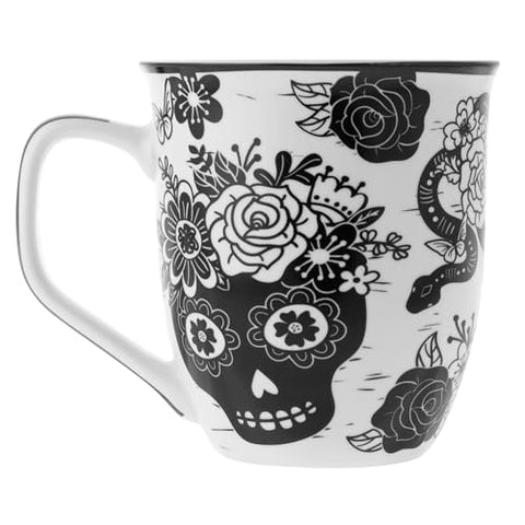 Karma Gifts black and white boho mug with sugar skull motif for tea or coffee