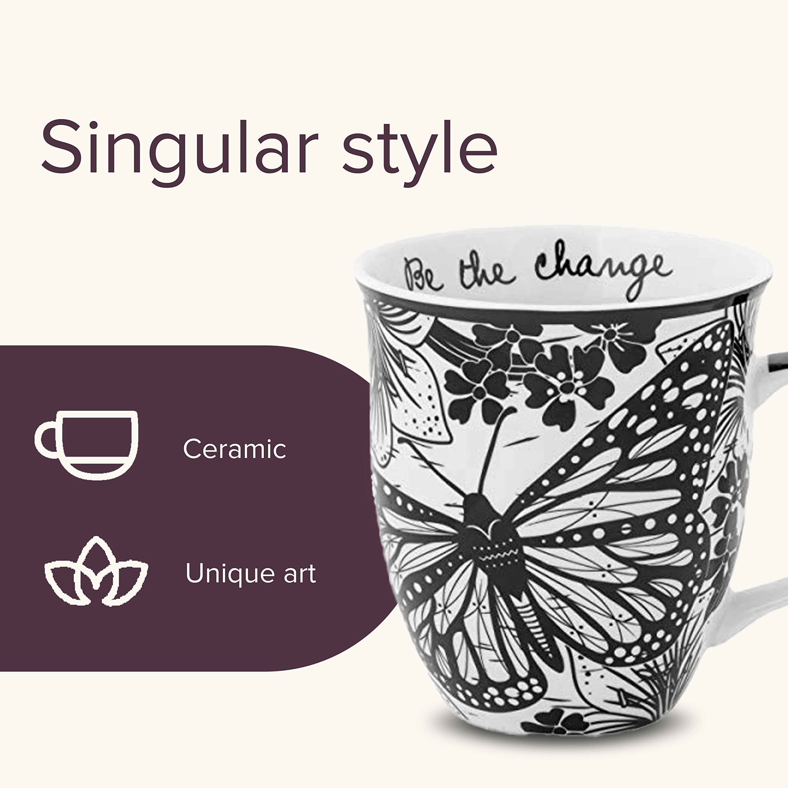 Karma Gifts boho mug showcases black and white art to enhance kitchen decor.