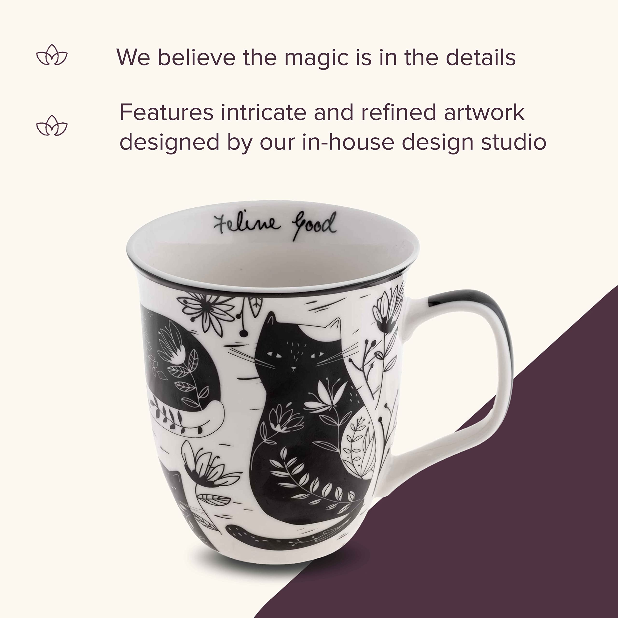 Karma Gifts boho mug cat illustration highlighting microwave-safe feature
