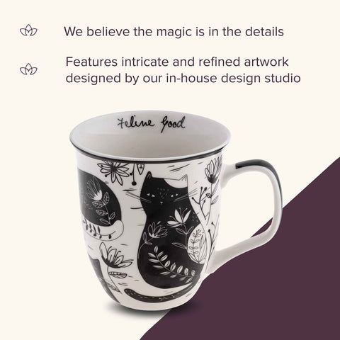 Karma Gifts boho mug cat illustration highlighting microwave-safe feature