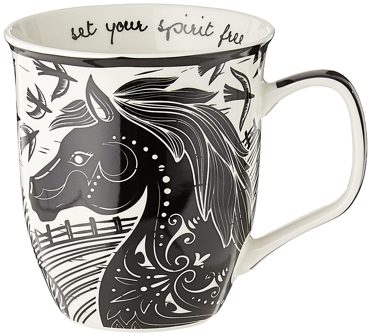 Karma Gifts boho mug horse front view highlights a stylish black and white design for daily coffee.