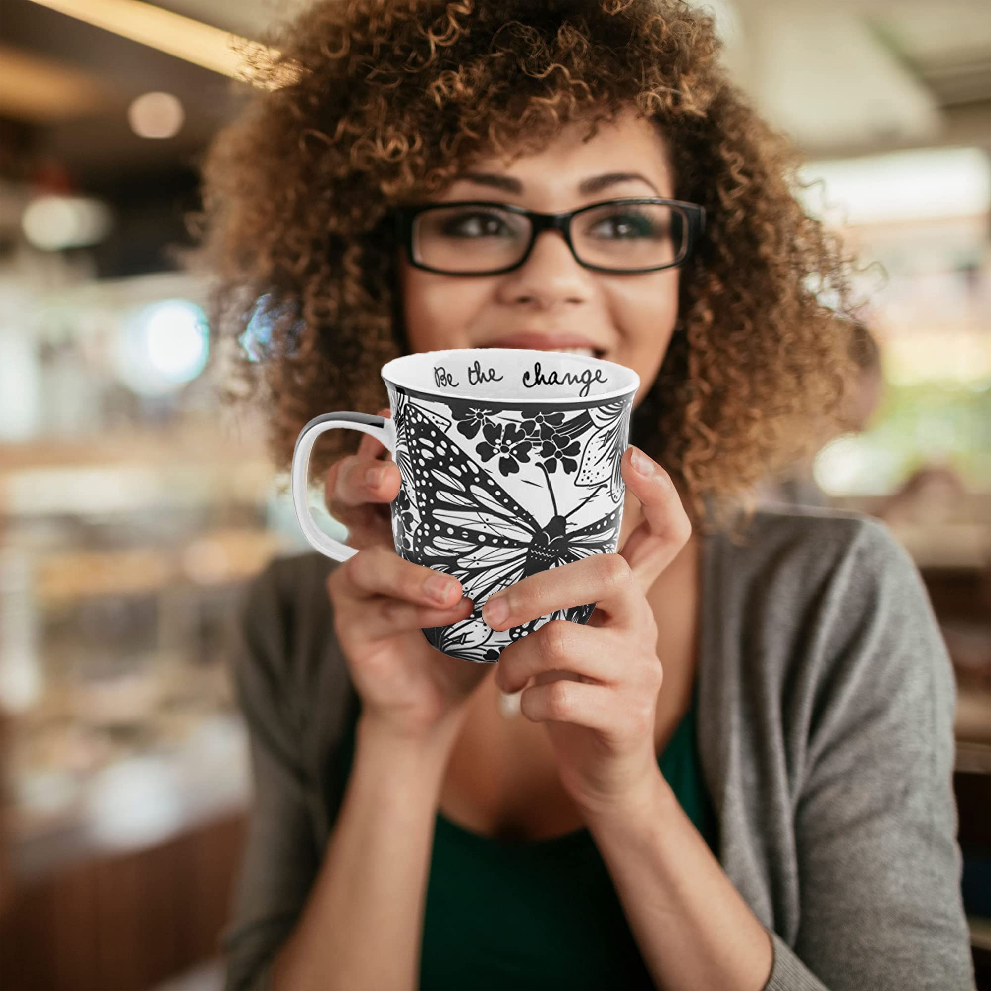 Karma Gifts boho mug is microwave-safe for quick reheats.