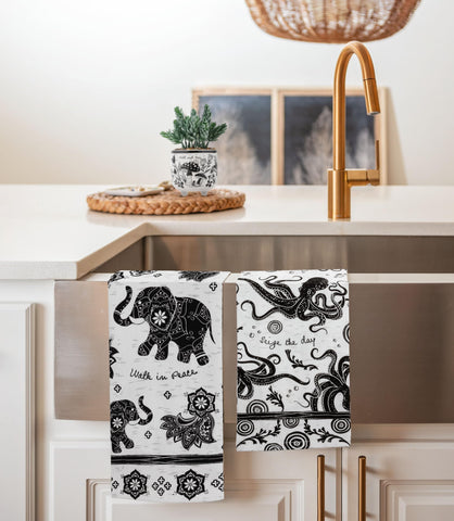 Karma tea towel black and white Boho pattern adds versatile accessory.