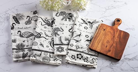 Karma tea towel hanging corner tab shows easy to dry display.