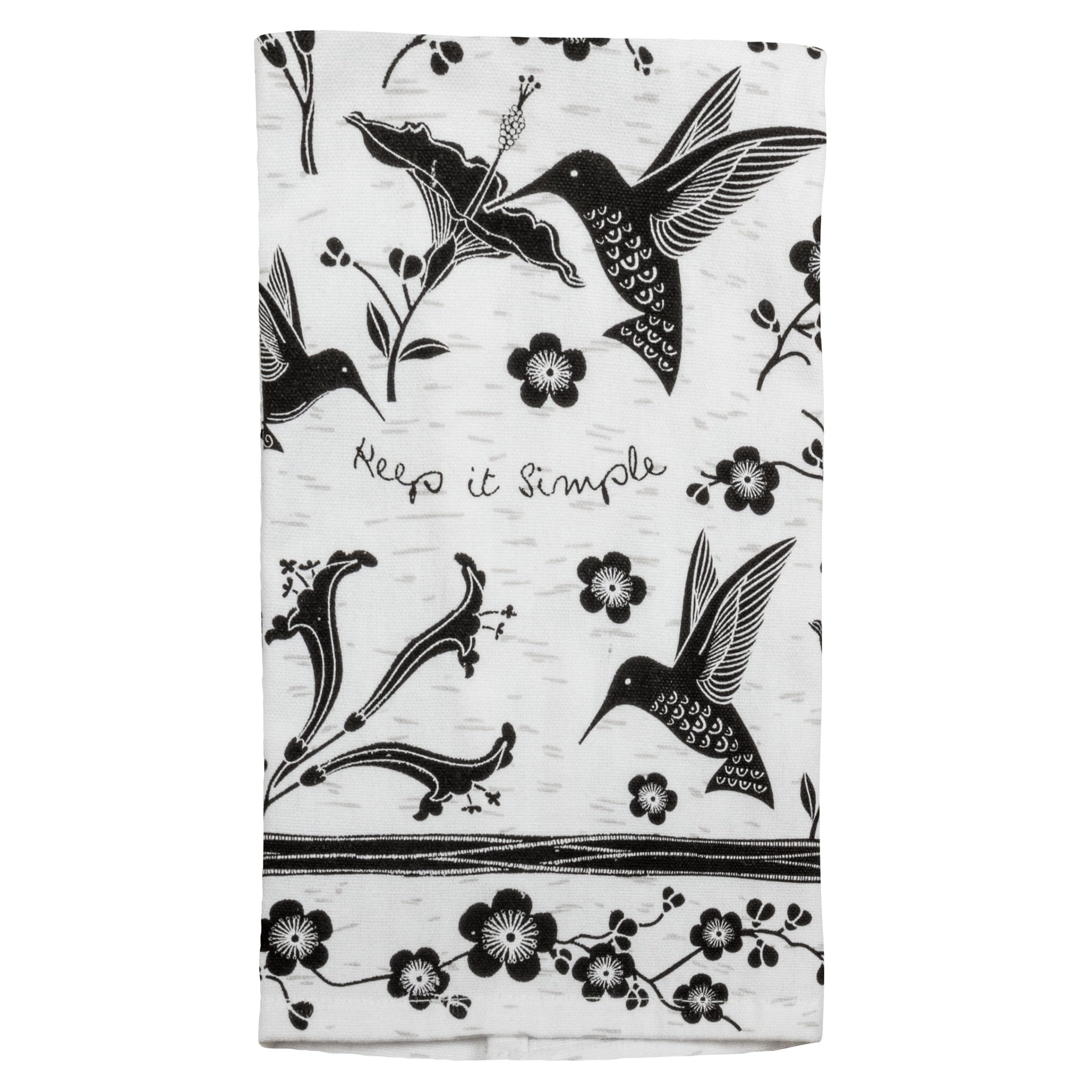 Karma tea towel hummingbird close-up shows durable cotton and boho charm.