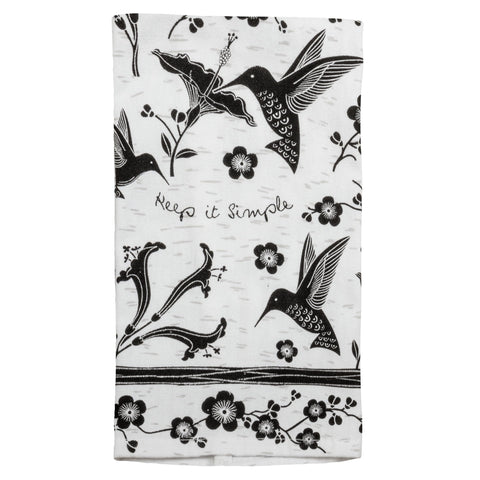 Karma tea towel hummingbird close-up shows durable cotton and boho charm.