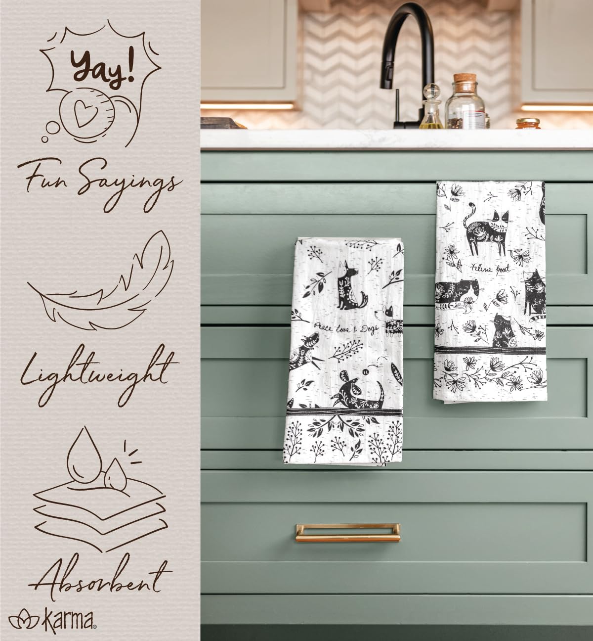 Karma tea towel decor on shelf enhances Boho vibes in the kitchen.