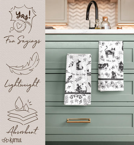 Karma tea towel decor on shelf enhances Boho vibes in the kitchen.