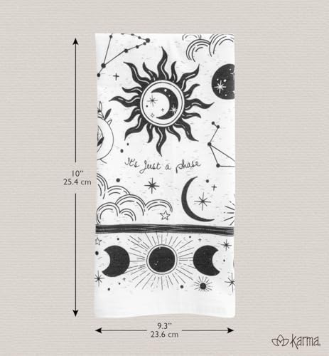 Karma tea towel and mug pairing demonstrates cohesive Boho style.