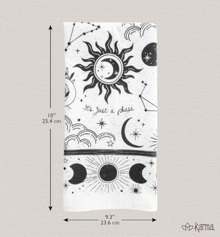 Karma tea towel and mug pairing demonstrates cohesive Boho style.