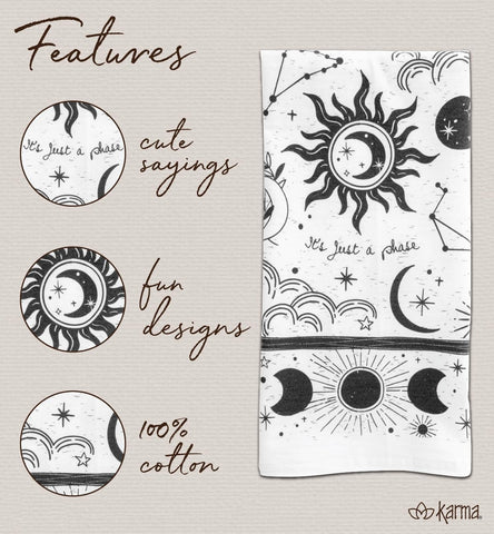 Karma tea towel size 18x22 inches offers generous kitchen coverage.