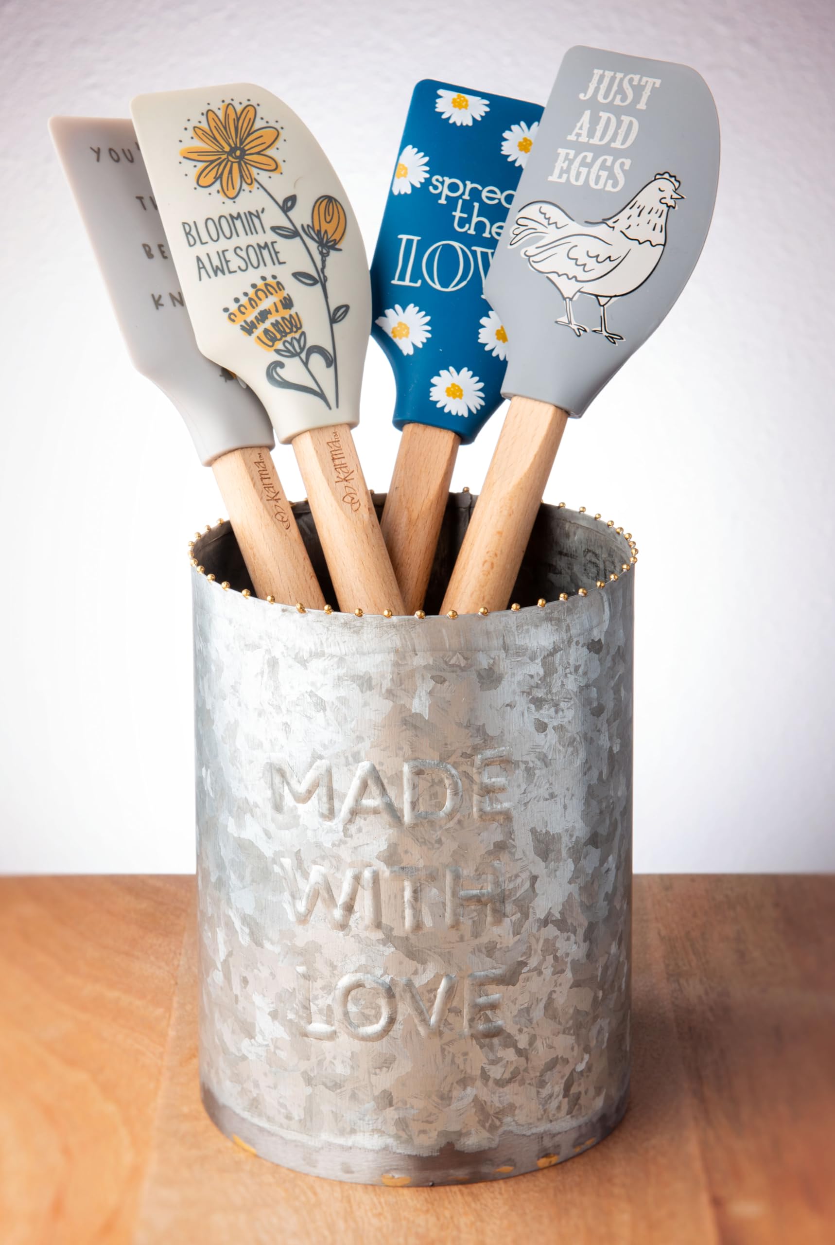 Karma silicone spatula with wood handle adds modern farmhouse charm to kitchen prep.