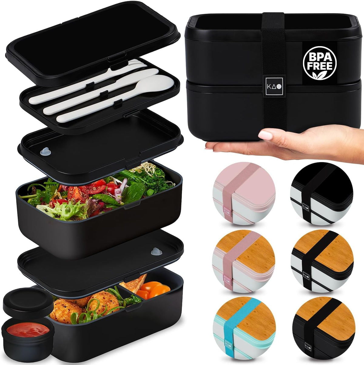 KARRICO Double Premium Bento Box: closed lids secure sauces and meals during travel.