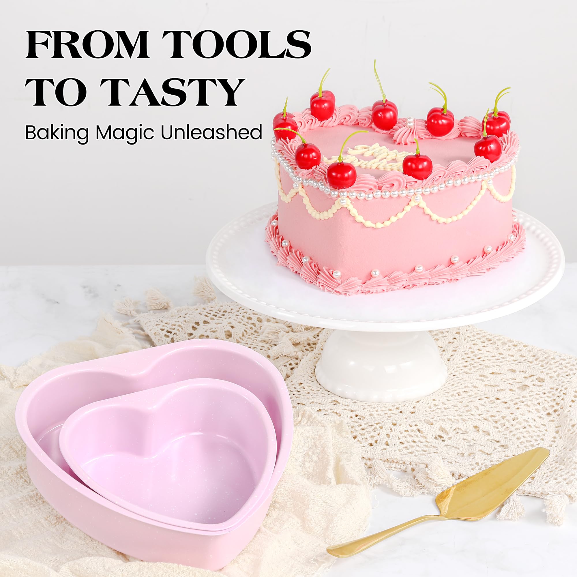 KASHME kitchen scene with heart pans, space-saving design for home bakers.