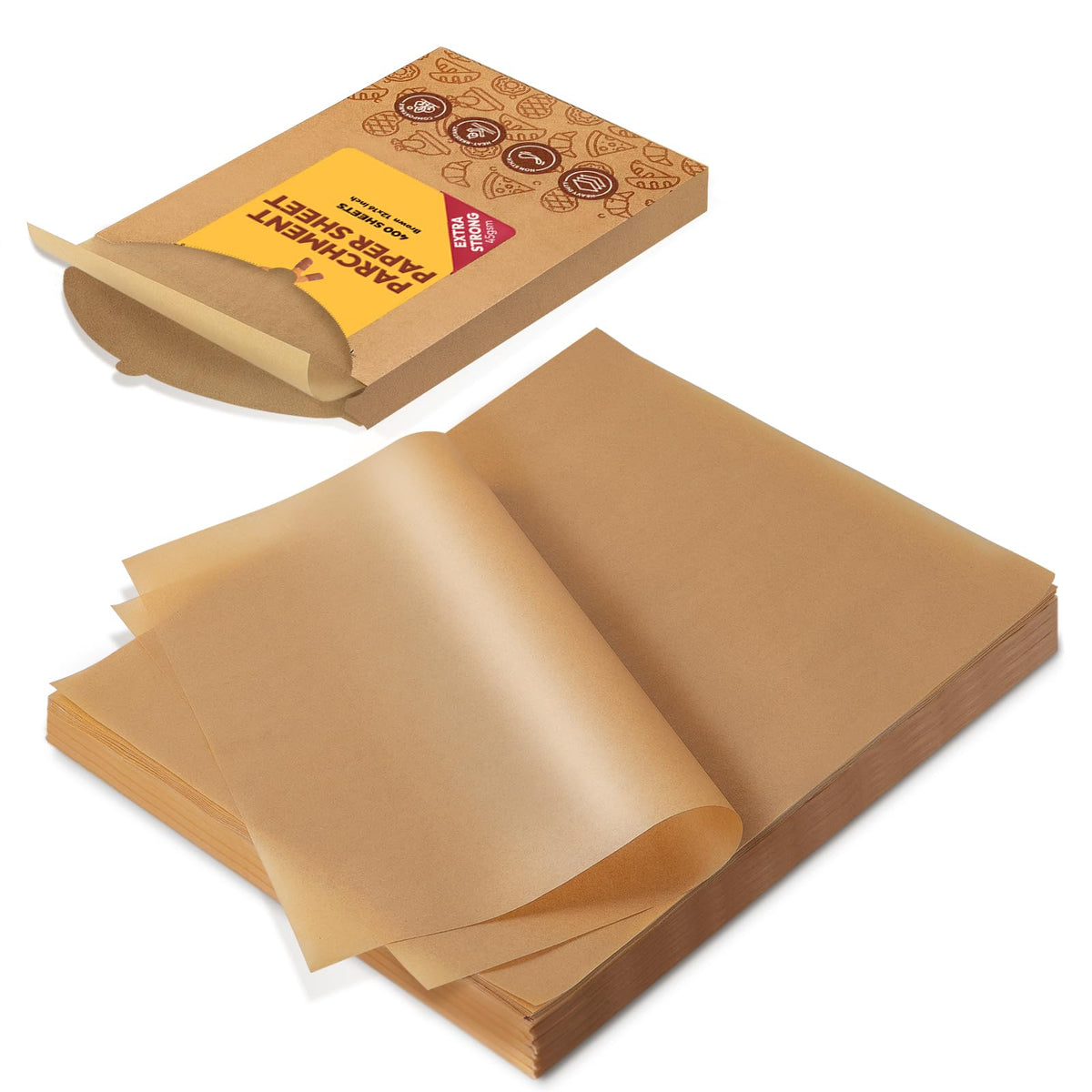 Katbite 400pcs unbleached parchment sheets laid out for easy non-stick baking prep.