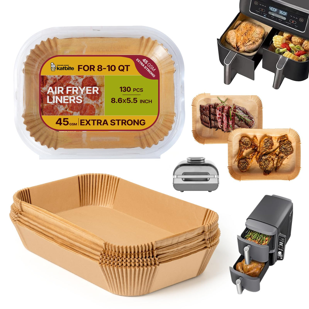 Katbite air fryer liners packaging shows easy, mess-free cooking setup.